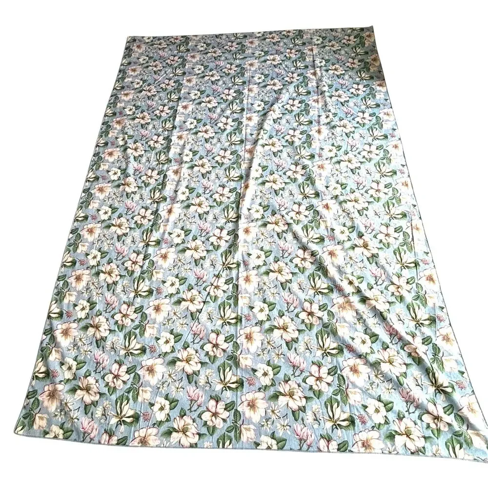 Blue & pink magnolia flowers tablecloth with greenery farmhouse cottage cabin